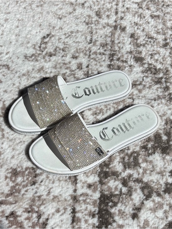 Juicy Couture Shoes - Y2K Juicy Couture Yippy White Slide Sandals with Silver Crystal Rhinestones